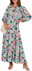 ANRABESS Womens Boho Maxi Dresses 2026 Summer V Neck Puff Sleeve Floral Flowy Swing Fall Casual Long Dress