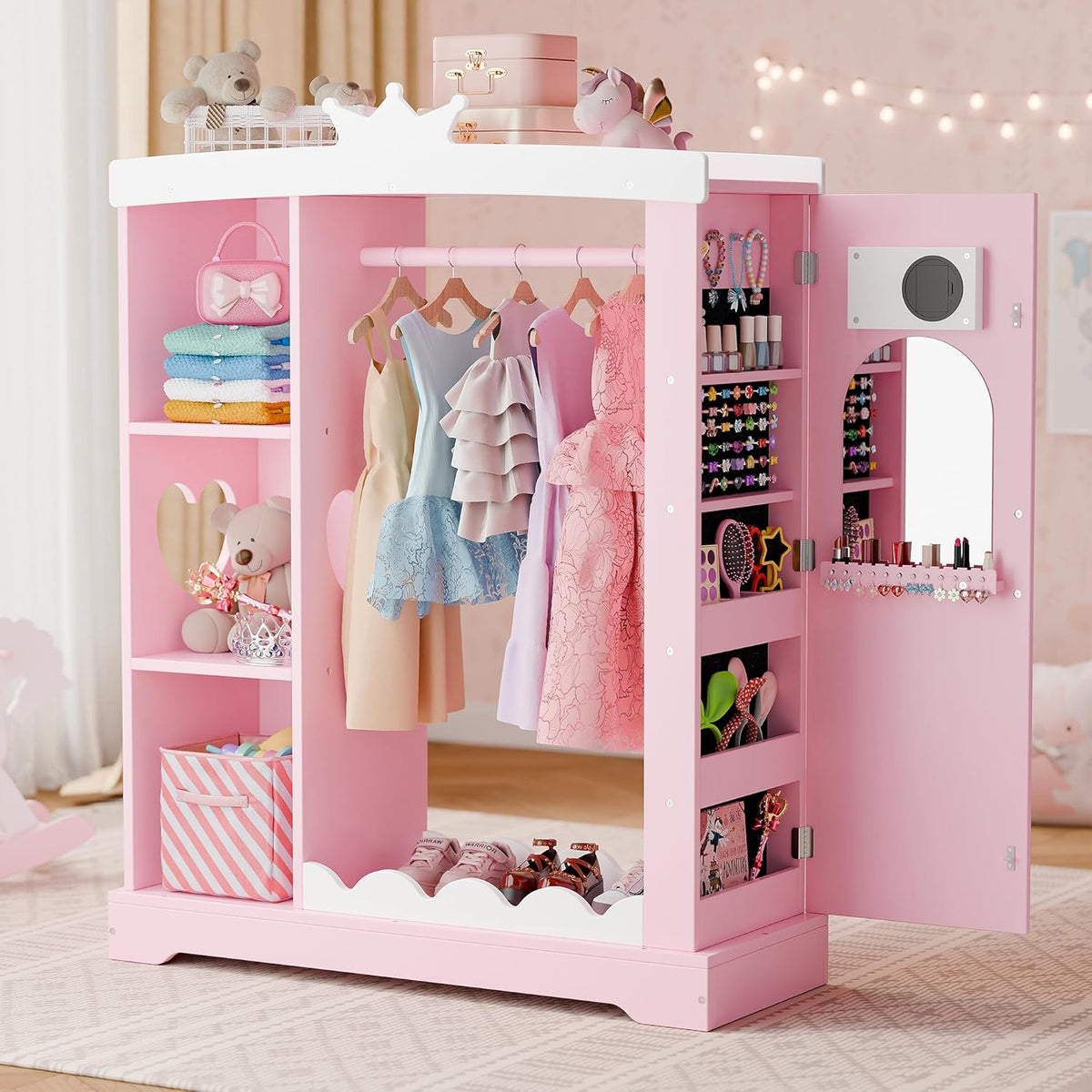 Xilingol Kids Armoire with Jewelry Cabinet, Dress up Storage with Mirror and Shelves, Princess Dress Closet and Costumes Wardrobe Closet, Costume Organizer for Bedroom, Kids Room, Girls (Pink)