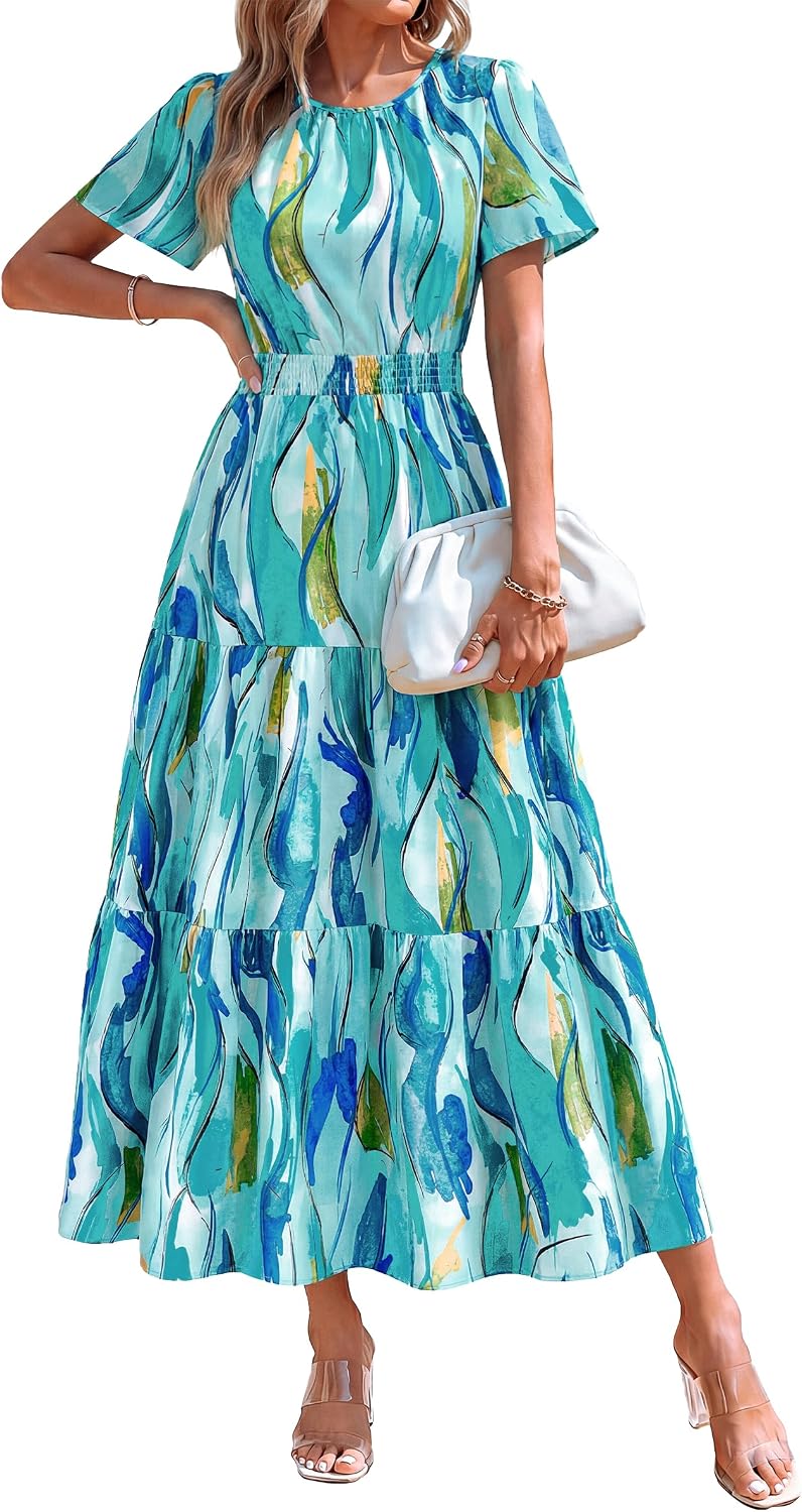 PRETTYGARDEN Women's Summer Casual Short Flutter Sleeve Round Neck Smocked Waist Tiered Boho Floral Flowy Maxi Dress