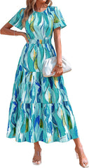 PRETTYGARDEN Women's Summer Casual Short Flutter Sleeve Round Neck Smocked Waist Tiered Boho Floral Flowy Maxi Dress
