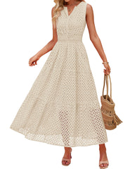 ZESICA Women's 2026 Summer Sleeveless Maxi Dress Casual V Neck Hollow Out Eyelet A Line Flowy Party Long Dresses