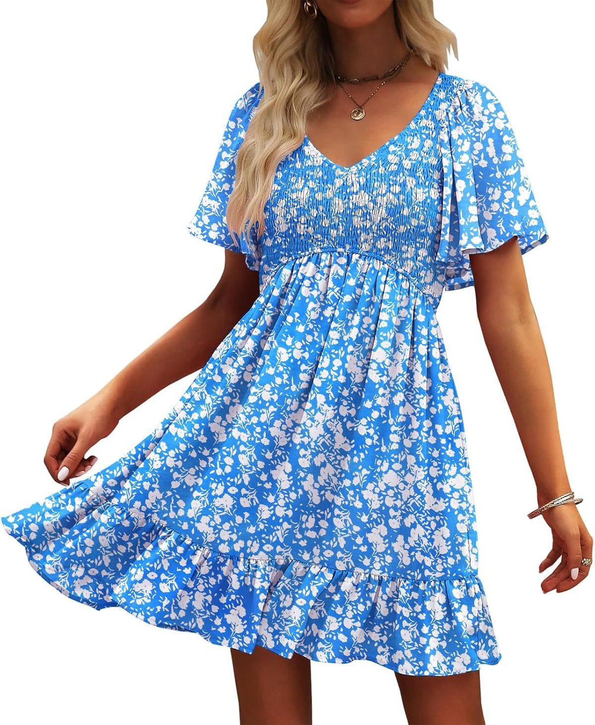 UEAL Womens Cute Floral Smocked V Neck Flutter Sleeve Sundress with Pockets Casual Spring Summer Dresses for Women 2026