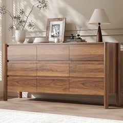 CHUWELL Walnut Dresser for Bedroom, 63" Wide Mid Century Modern Chest of Drawers with 9 Large Storage Space and 4 Solid Wood Cylindrical Legs, 9 Drawer Large Dresser for Bedroom(Walnut)