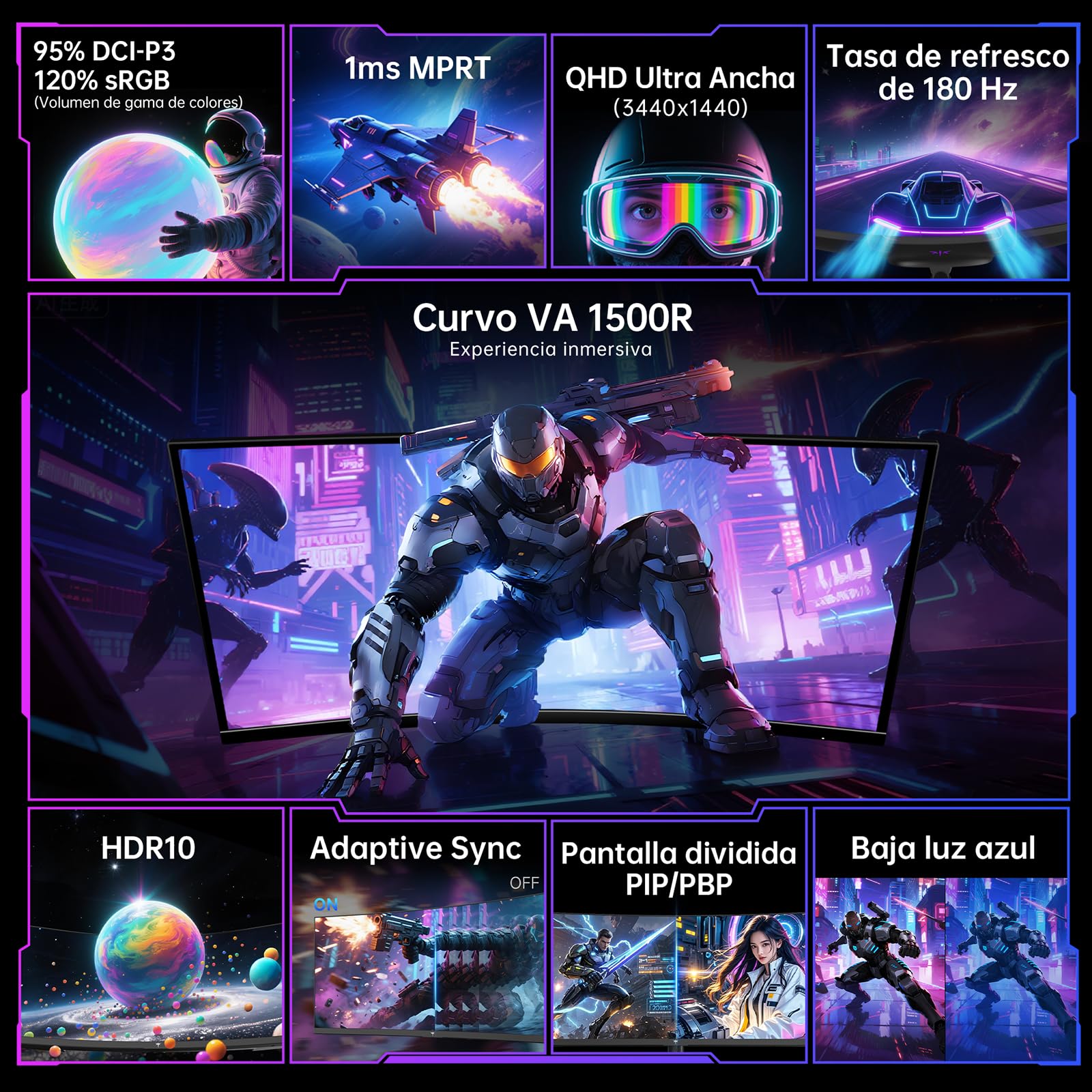 KTC Monitor Curvo Ultrapanorámico Gaming de 34 Pulgadas 21:9, 3440x1440p 180Hz 1ms, Panel Curvo 1500R, 2 x HDMI 2.0 & 2 x DP1.4, Ajuste de Altura/Inclinación/Giro/Pivote, H34S18S