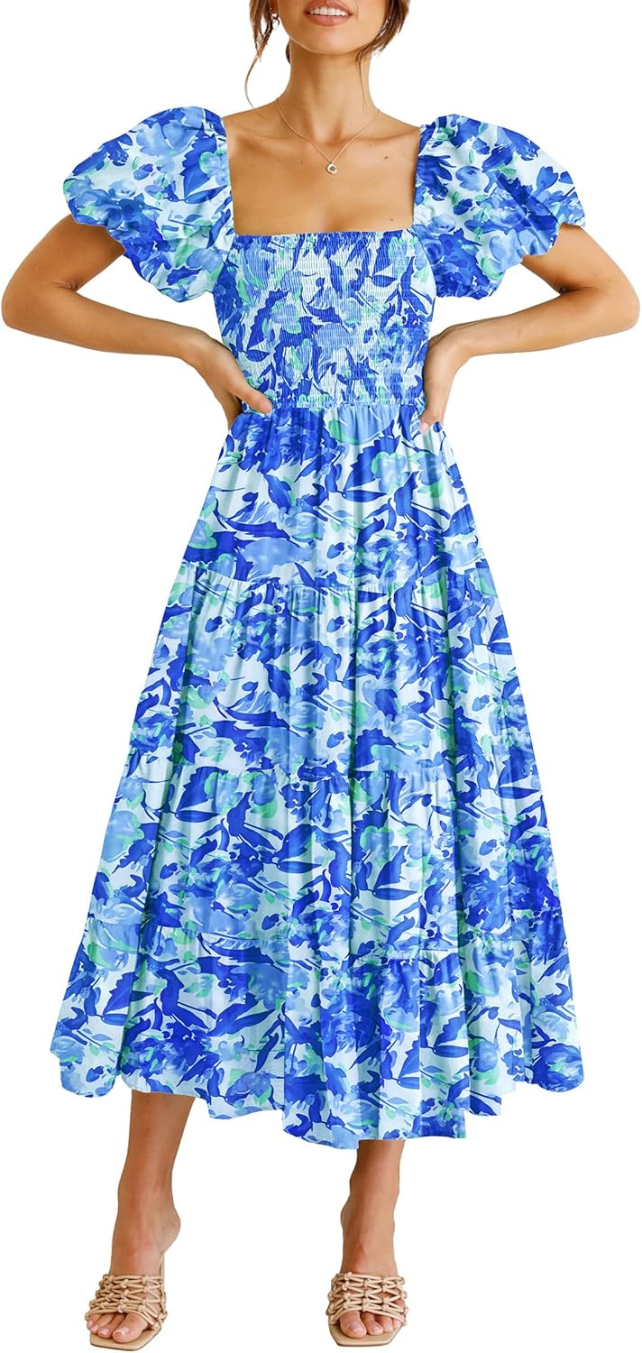 PRETTYGARDEN Women's Casual Summer Midi Dress Puffy Short Sleeve Square Neck Smocked Tiered Ruffle Dresses