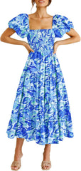 PRETTYGARDEN Women's Casual Summer Midi Dress Puffy Short Sleeve Square Neck Smocked Tiered Ruffle Dresses