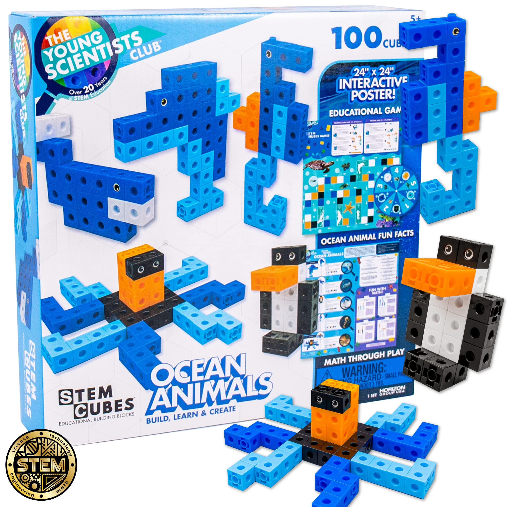 The Young Scientists Club Ocean Animals STEM Cubes, 100+ Math Manipulatives, Educational Games for Kids Ages 4-8, Multi, One Size