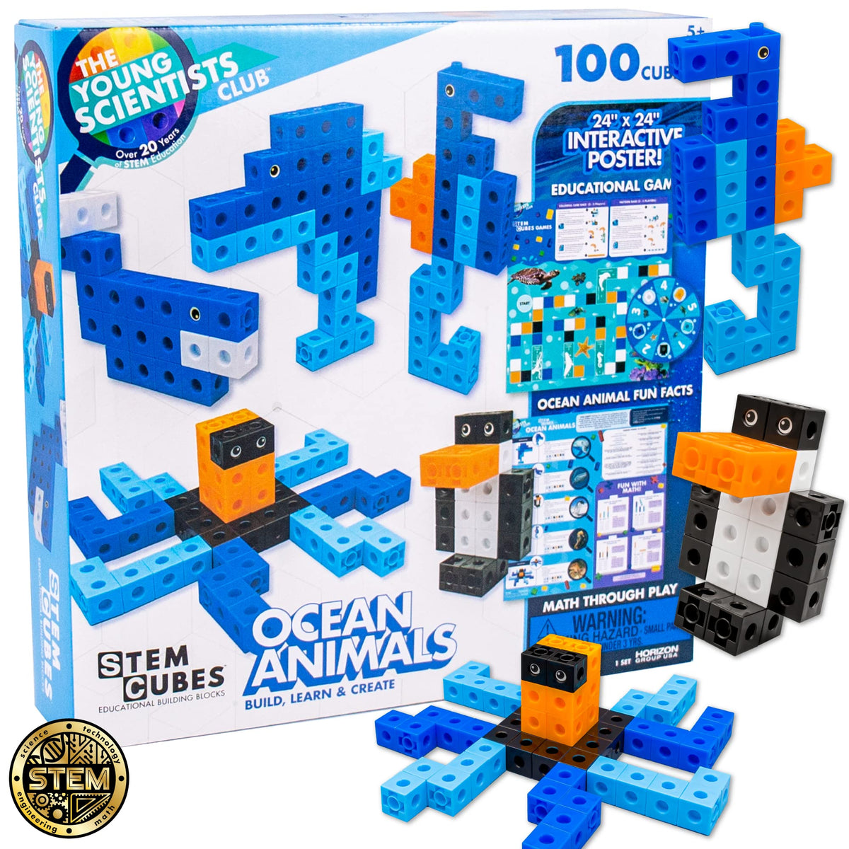 The Young Scientists Club Ocean Animals STEM Cubes, 100+ Math Manipulatives, Educational Games for Kids Ages 4-8, Multi, One Size