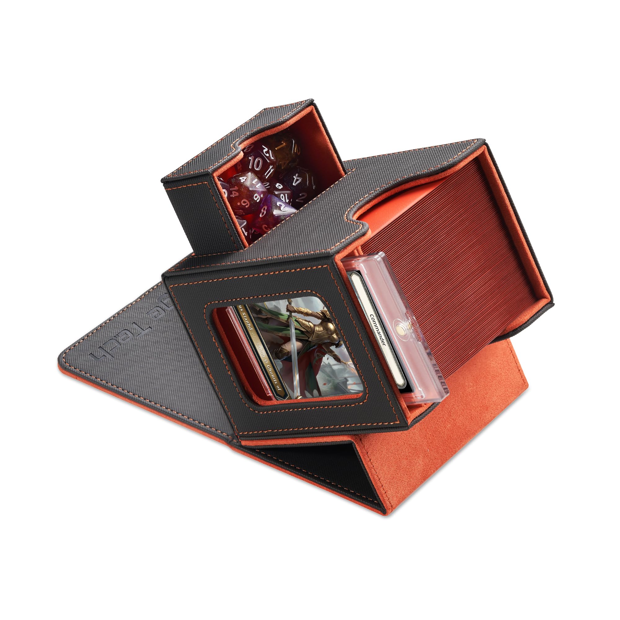 Mage Tech MTG Commander Card Deck Box - Fits 100 Double-Sleeved Cards, Faux Leather, Dark Grey/Orange, Model 745028612988