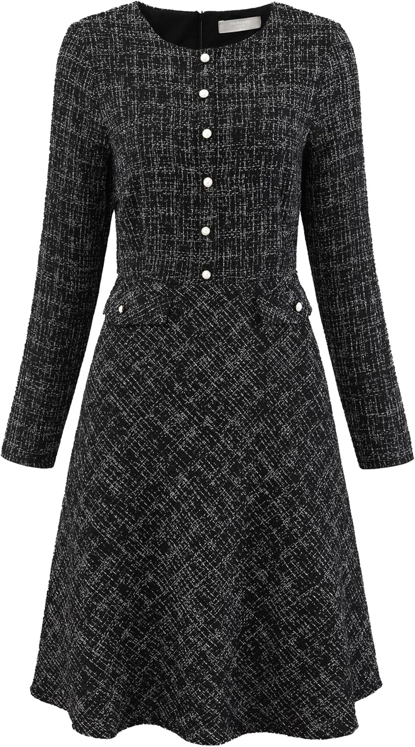Hobemty Women's Tweed Dress Long Sleeve Crew Neck Vintage Work Office Flare A-Line Dresses