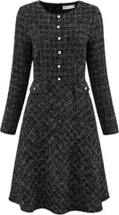 Hobemty Women's Tweed Dress Long Sleeve Crew Neck Vintage Work Office Flare A-Line Dresses