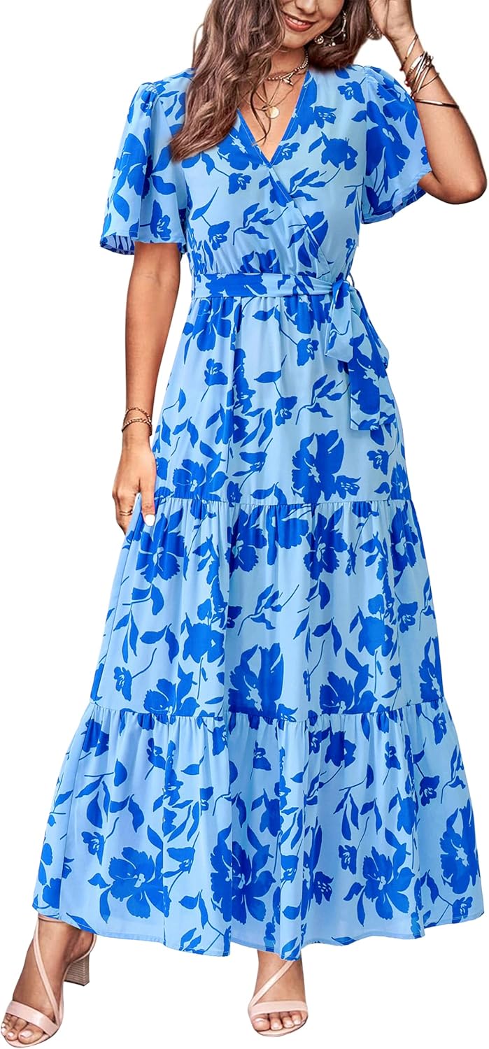 MASCOMODA Womens Summer Swiss Dot Maxi Dresses Wrap V Neck Flutter Short Sleeve Boho Casual Flowy Long Wedding Guest Dress