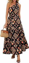 PRETTYGARDEN Women's Summer Floral One Shoulder Maxi Dress Knot Ruffle Boho Beach Vacation Wedding Guest Long Sun Dresses