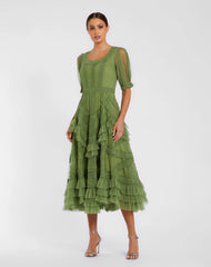 Green Short Sleeve Micro Ruffle Midi Dress - Mac Duggal