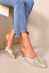 Evie Gold Woven Buckle Kitten Heel