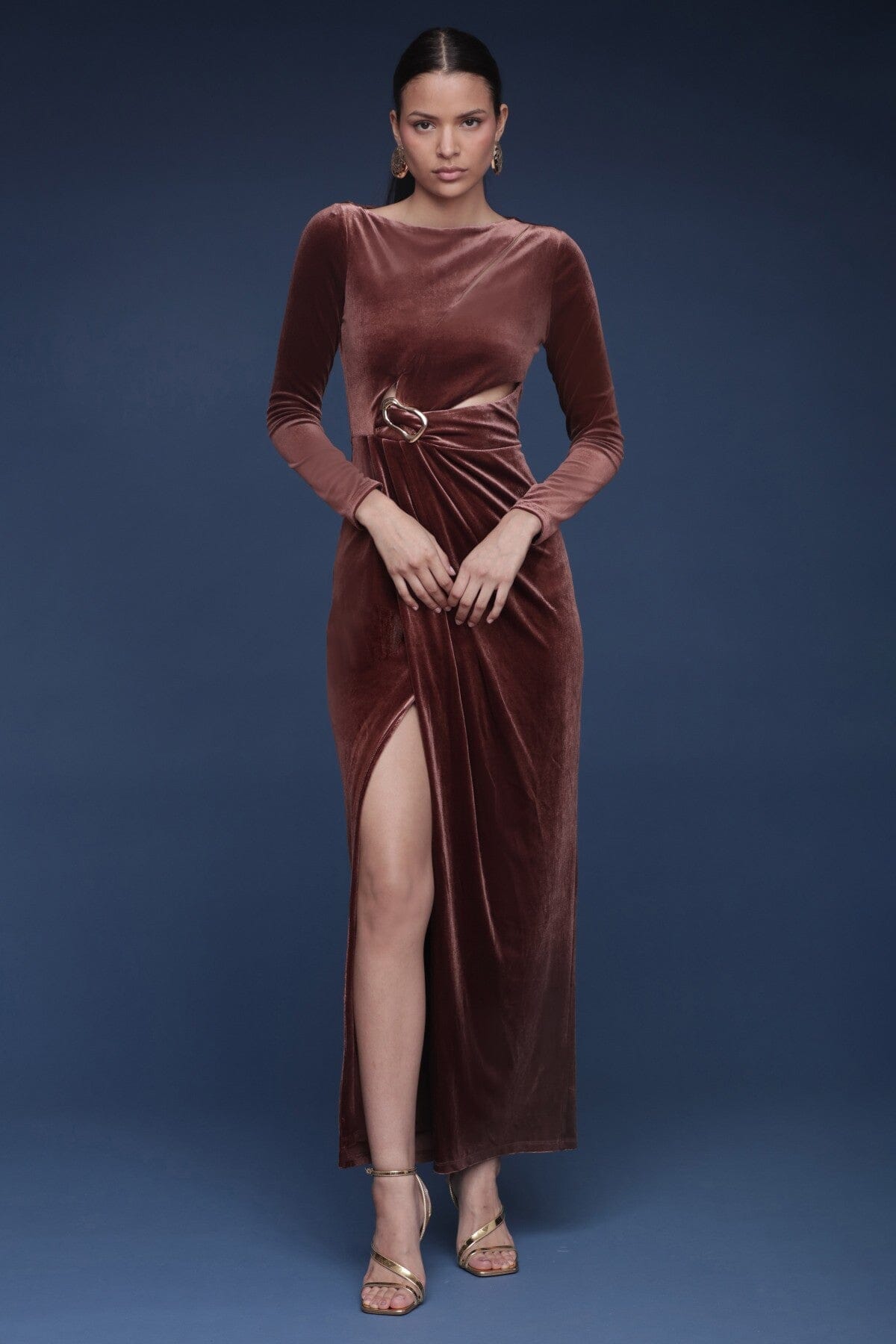 Velvet cutout drape chocolate brown maxi dress with long sleeves and asymmetrical waist - Shop Cute women's maxi dresses by Avec Les Filles