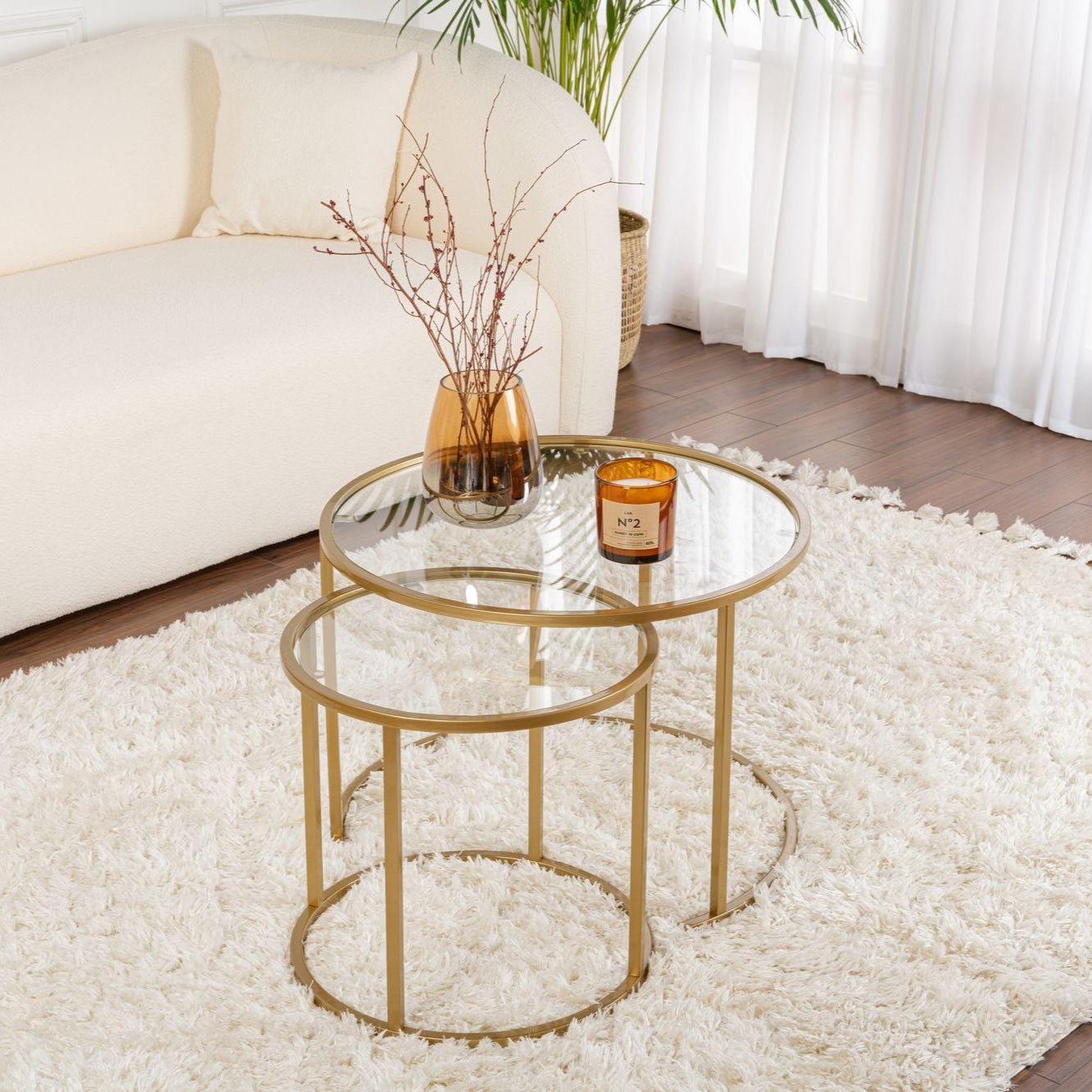 Salontafels - Moderne Ronde Salontafel Set van 2 Uru Goud - Transparant Glas - 60/42 cm - Dimehouse