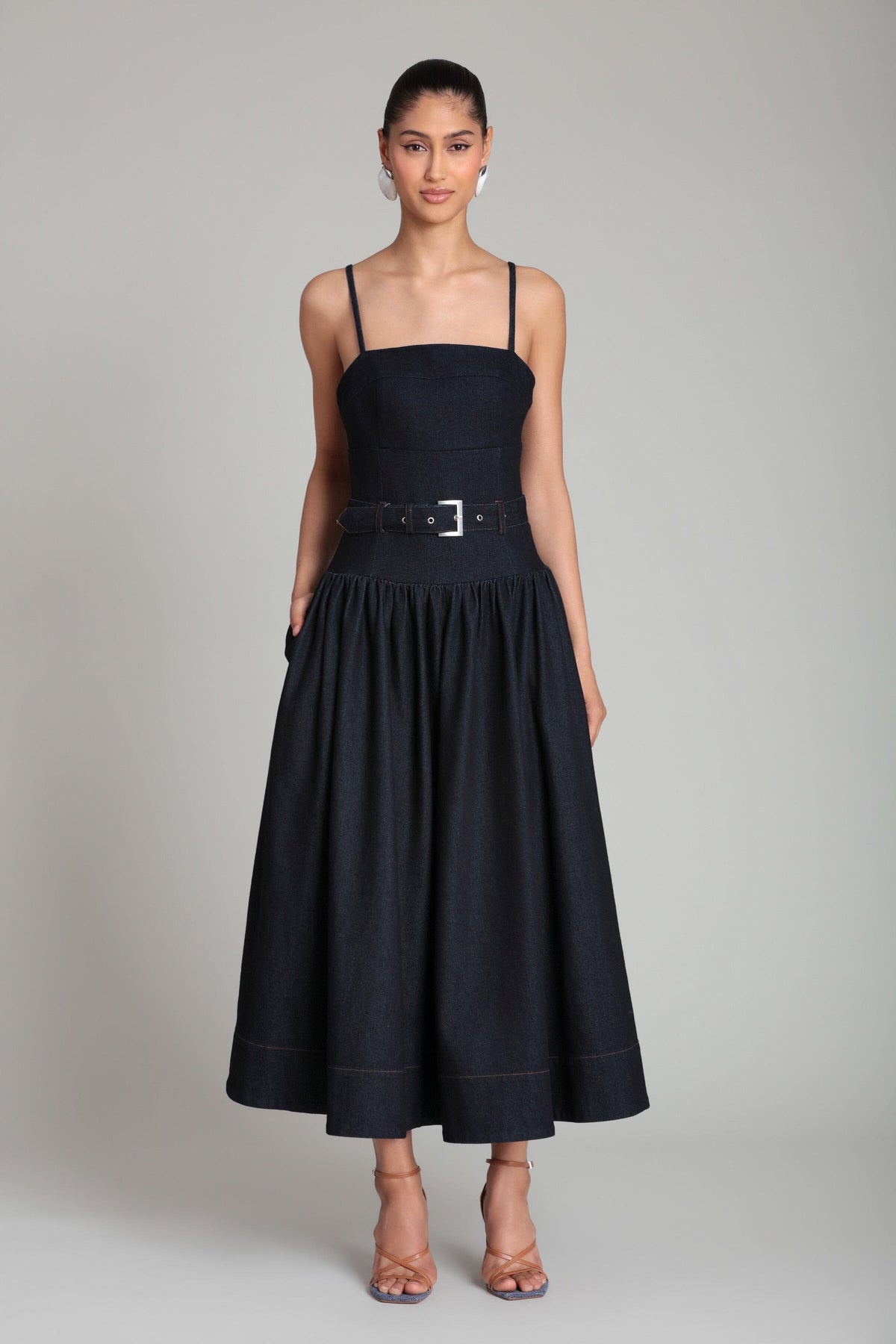 Drop waist stretch midi denim belted dress with adjustable straps - Shop designer women's midi dresses by Avec Les Filles