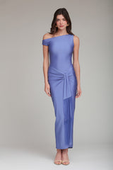 Wrap front blue midi asymmetrical dress with off shoulder neck - Shop women's cute midi dresses by Avec Les Filles