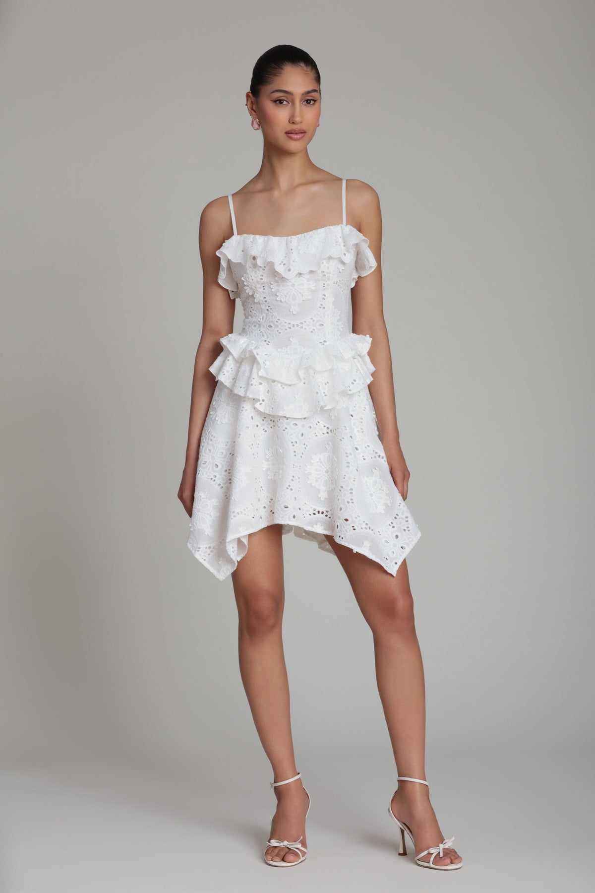 Ruffle white mini dress with adjustable spaghetti straps - Shop designer women's cute mini dresses by Avec Les Filles