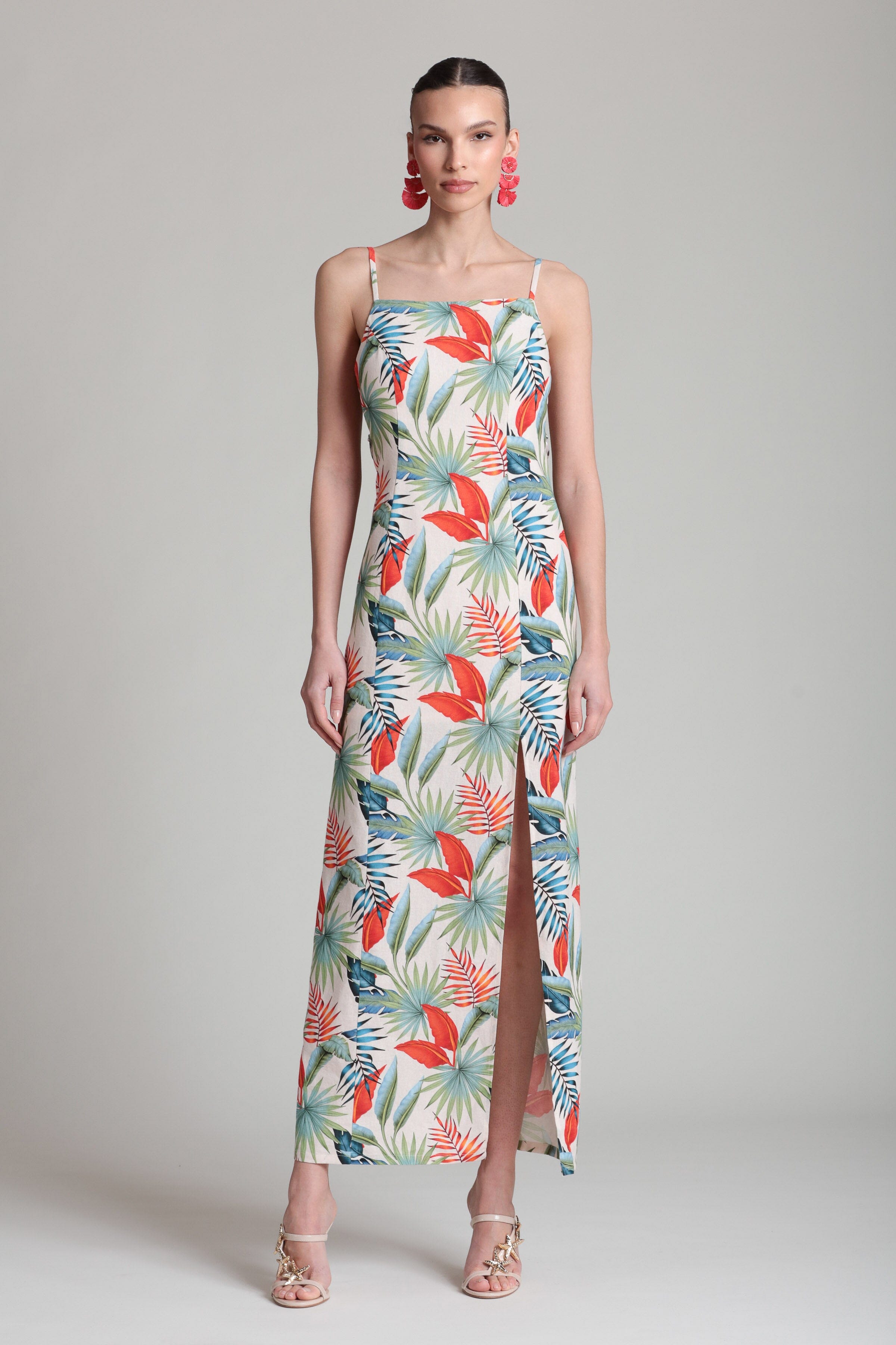 Linen maxi tropical print dress with adjustable straps - Shop women's tropical maxi dresses by Avec Les Filles