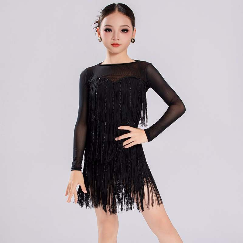 Girls Latin Dance Dresses Blue Red Black Fringe Salsa Rumba Chacha Ballroom Performance Costumes for Kids - Moderndancedress.com