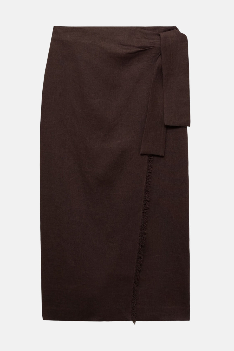 Bruine rok van MANGO, met een wikkeldetail en een gerafelde rand.
