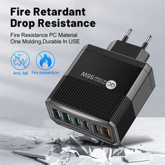 BK304 PD55W 6-Port USB PD Charger 3USB-A+3USB-C PD QC3.0 Fast Charging Wall Charger Adapter EU Plug US Plug for iPhone 16 16 Pro for Samsung Galaxy Z Flip6 for Xiaomi 15pro for Huawei Mate XT