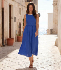 Petite size sleeveless midi dress with contrast edge stitching and scoop neck in soft cotton knit