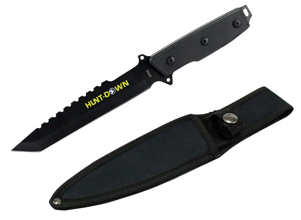Hunt-Down 12" All Black Tanto Blade Hunting Knife Ridged Edge with Nylon Sheath 8996