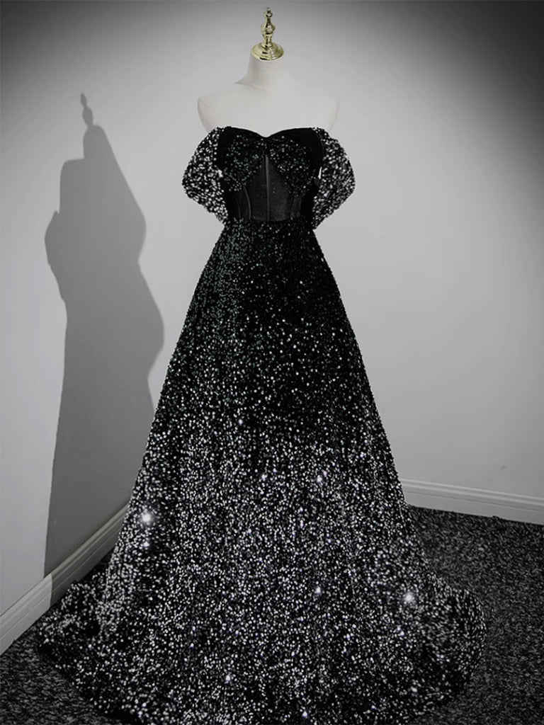 A-Line Sweetheart Neck Black Sequin Long Prom Dress, Black Formal Dress