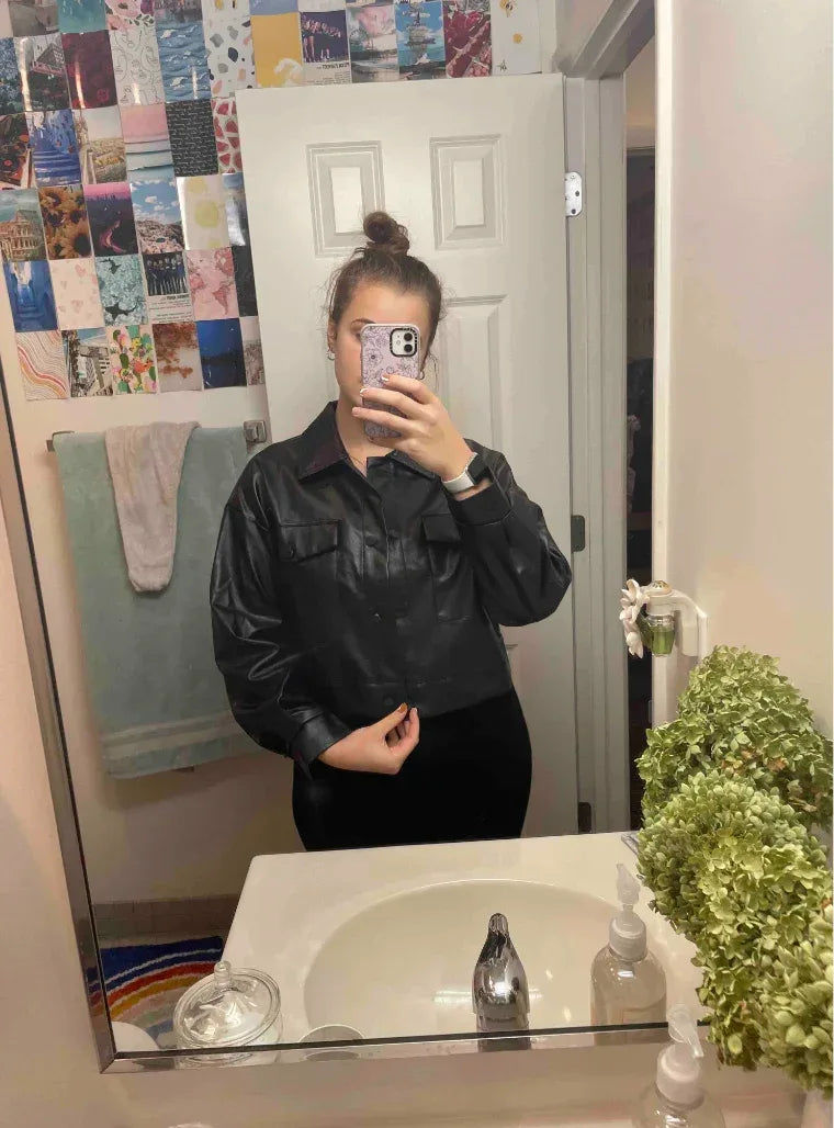 Cropped Fit Shirt Style Leather Jacket