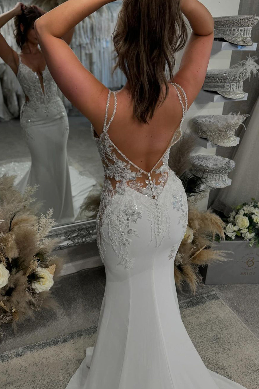 Elegant Mermaid V Neck Satin Long Wedding Dresses with Appliques AB24100909