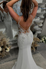 Elegant Mermaid V Neck Satin Long Wedding Dresses with Appliques AB24100909