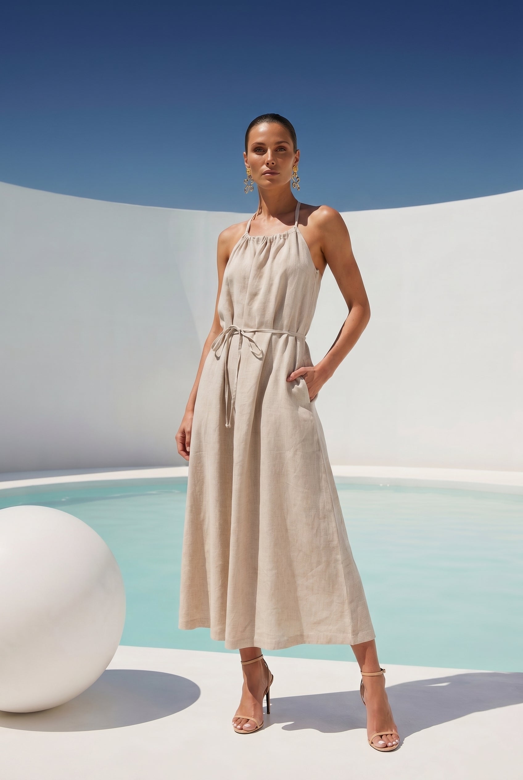 The Escape Linen Midi Dress in Beige