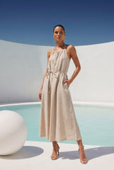 The Escape Linen Midi Dress in Beige
