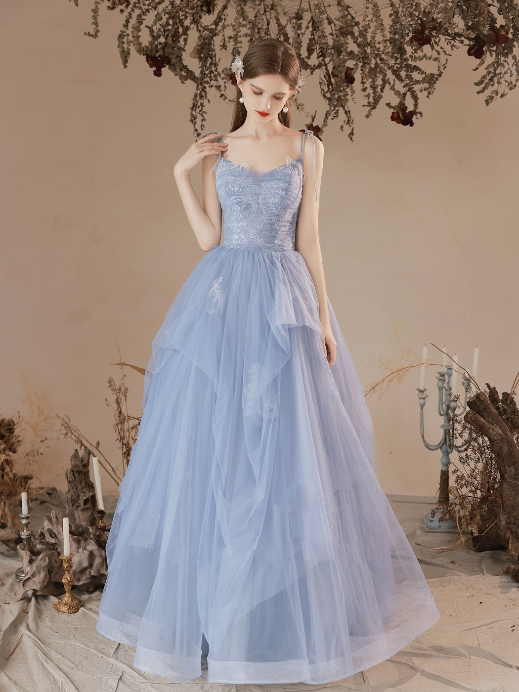 Blue A-Line Tulle Lace Long Prom Dresses, Blue Lace Formal Evening Dresses