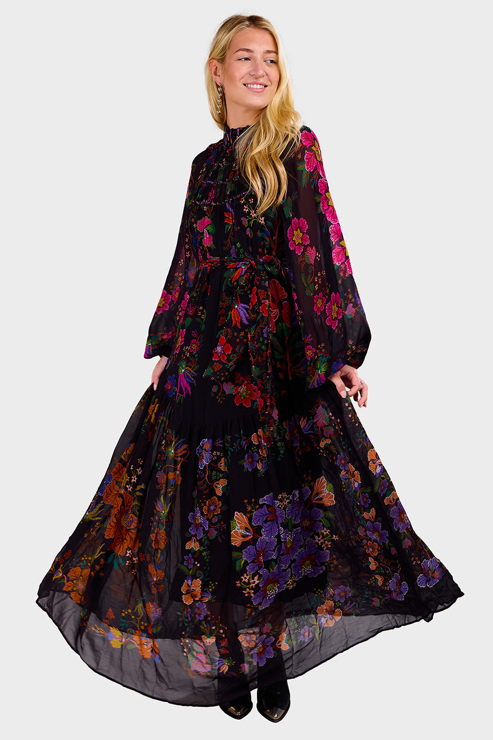 Floral Scarves Black High Neck Maxi Dress