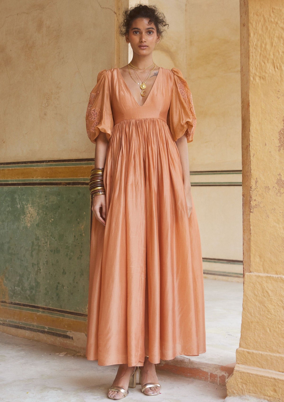 Peachy Orange Silk Organza Maxi Dress
