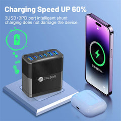BK304 PD55W 6-Port USB PD Charger 3USB-A+3USB-C PD QC3.0 Fast Charging Wall Charger Adapter EU Plug US Plug for iPhone 16 16 Pro for Samsung Galaxy Z Flip6 for Xiaomi 15pro for Huawei Mate XT