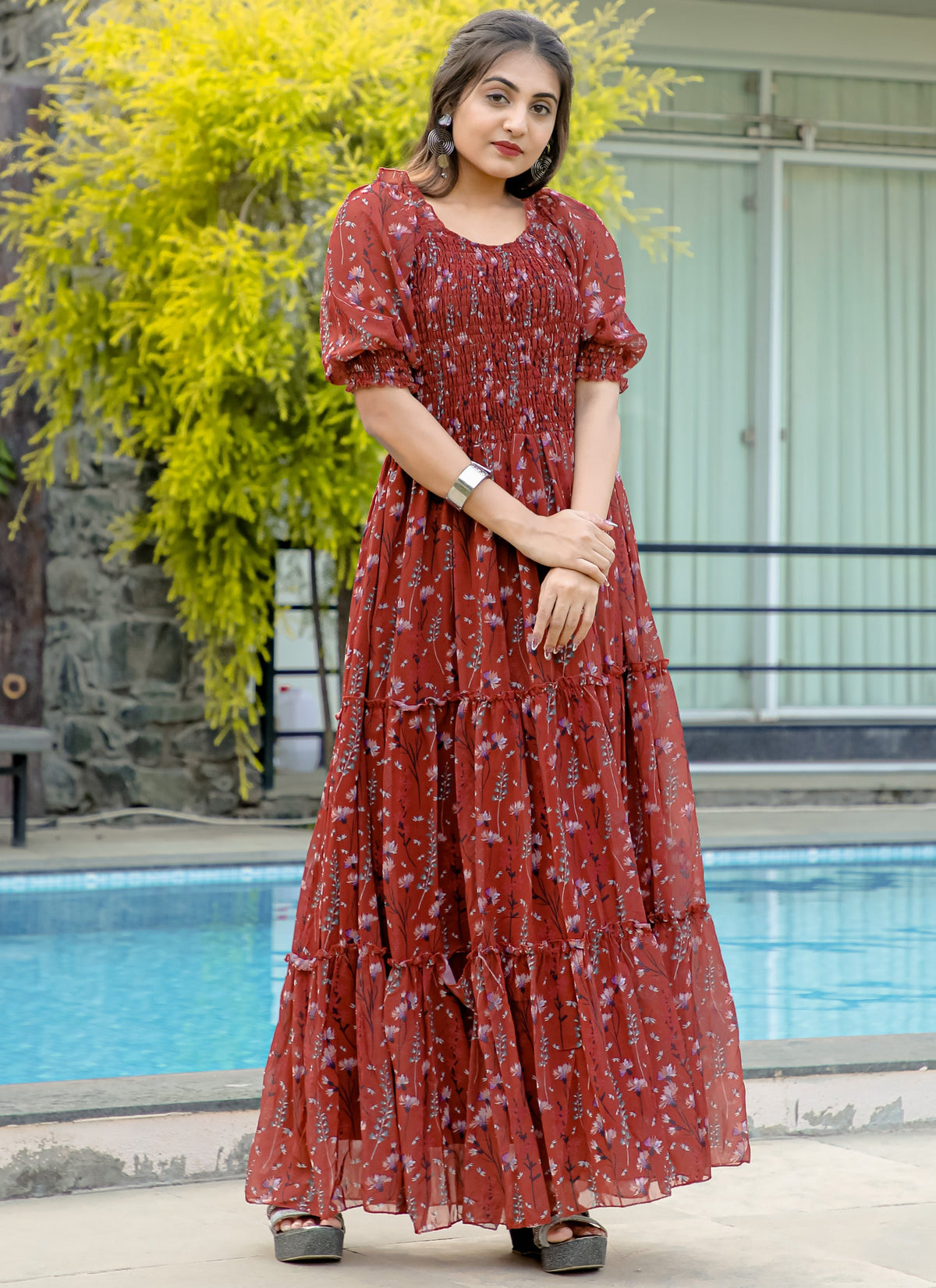 Printed Marron Long Maxi Dress