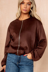 Janet Chocolate Faux Suede Bomber Jacket