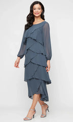 S.L. Fashions 9470731 - Long Sleeve Scoop Neckline Tiered Dress Tea Length Dresses