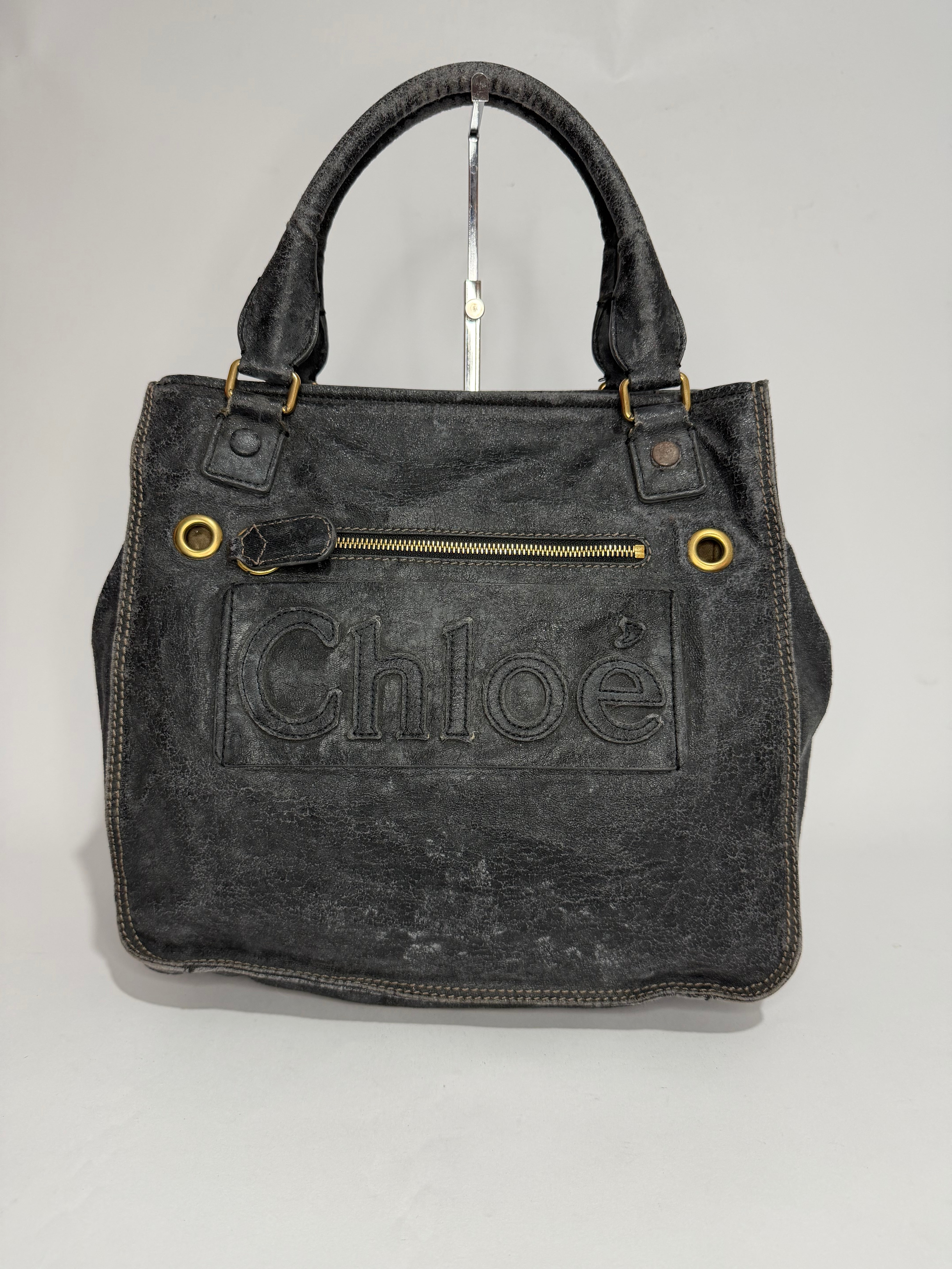Chloé Vintage Distressed Leather Logo Tote Bag Black Large Shoulder Handbag