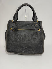 Chloé Vintage Distressed Leather Logo Tote Bag Black Large Shoulder Handbag