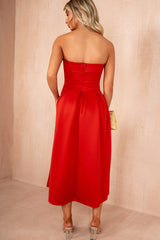 Danni Red Bandeau Pleated Midi Dress