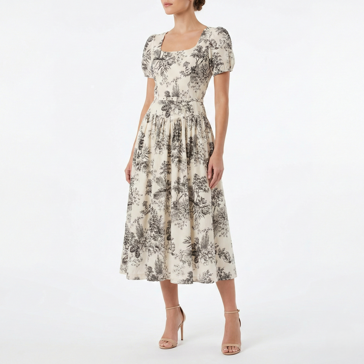 IVORY FLORAL PUFF SLEEVE MIDI DRESS – SQUARE NECK FIT & FLARE