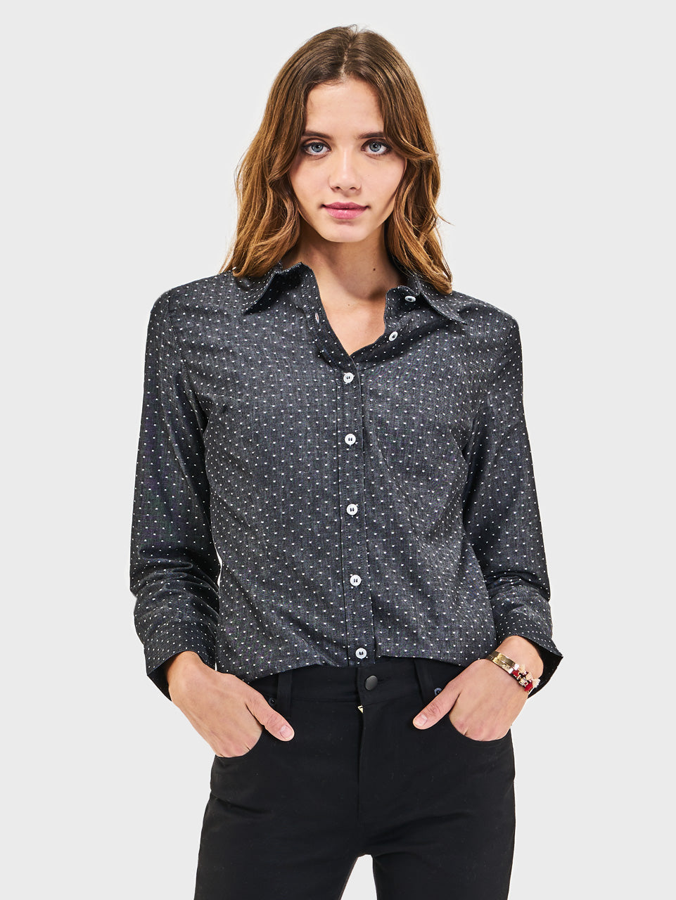 Ladies' Boyfriend Blouse - Charcoal Chambray Dots