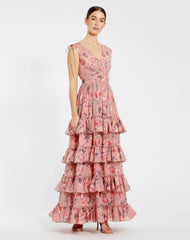 Pink Drawstring Shoulder Chiffon Tiered Floral Dress - Mac Duggal