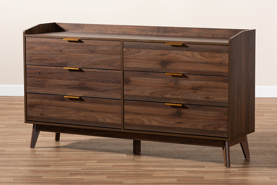 Baxton Studio Lena Mid-Century Modern Walnut Brown Finished 6-Drawer Wood Dresser | Modishstore | Drawers